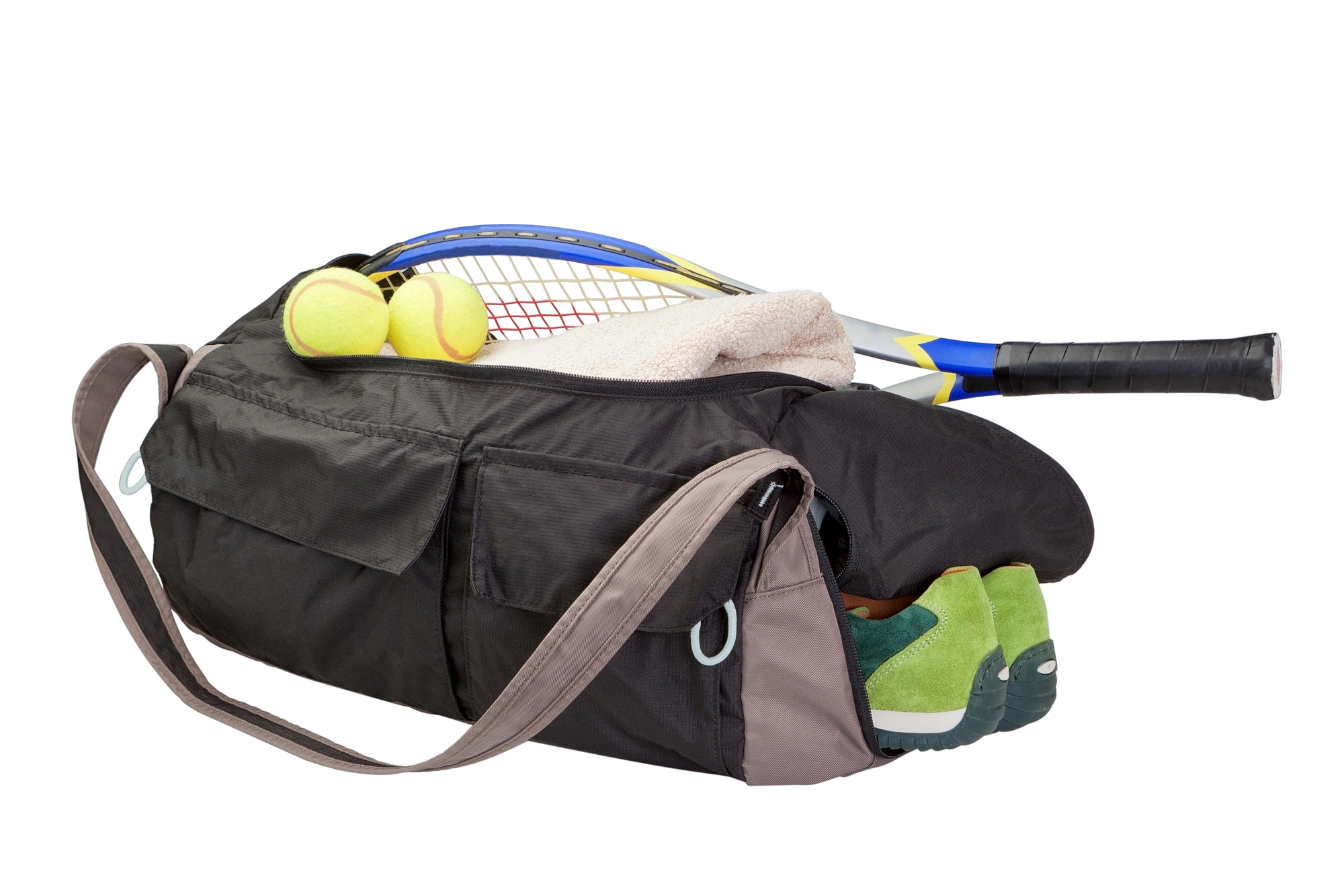 tennis bag with racket, balls, towel and tennis shoes