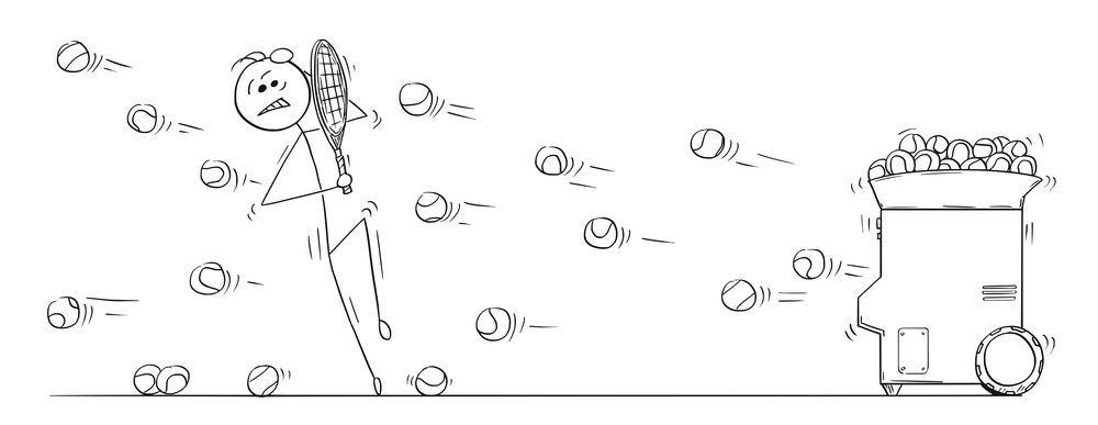 illustration of man male player protecting yourself when playing against tennis training ball launcher machine
